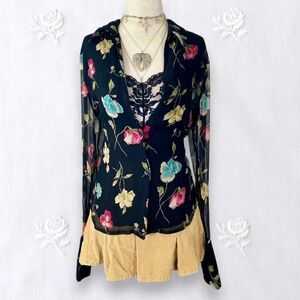 Early 2000's Romantic Whimsygoth Floral Black 100% Silk Button Up Blouse 10 / M